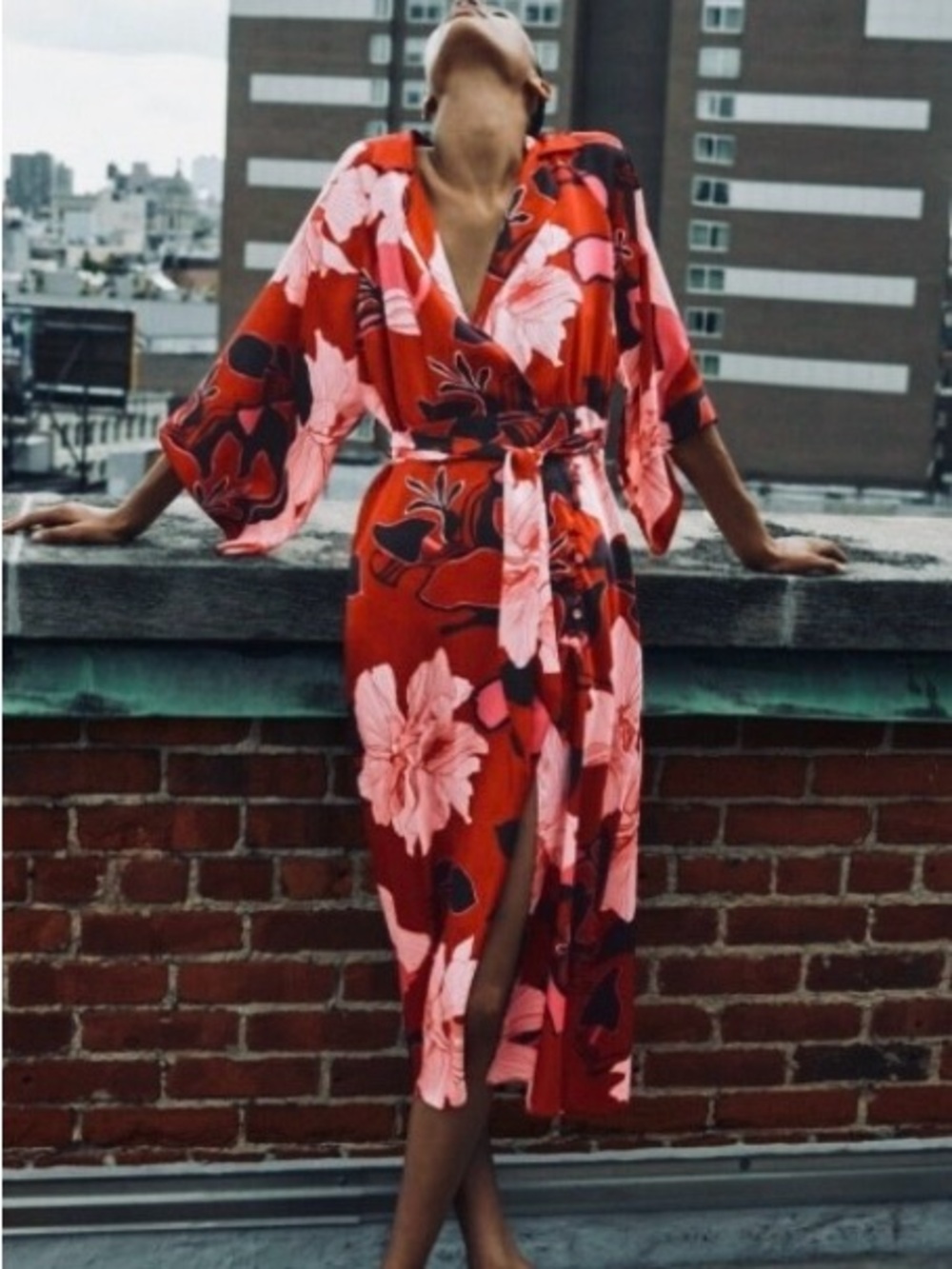 Zara Red Pink Black Floral Wrap Dress - Picture 2 of 5